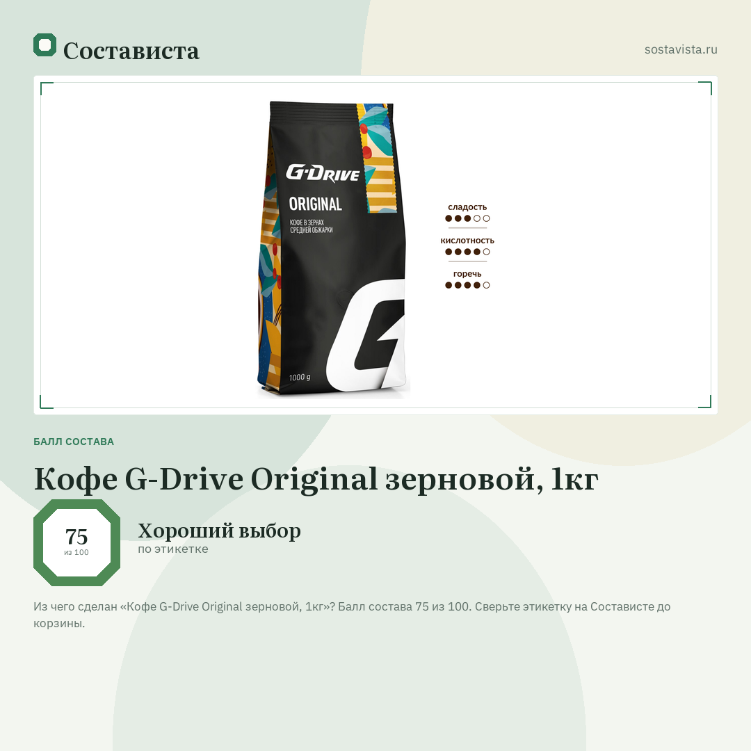 Кофе G-Drive Original зерновой, 1кг: балл состава 75 из 100 — Состависта