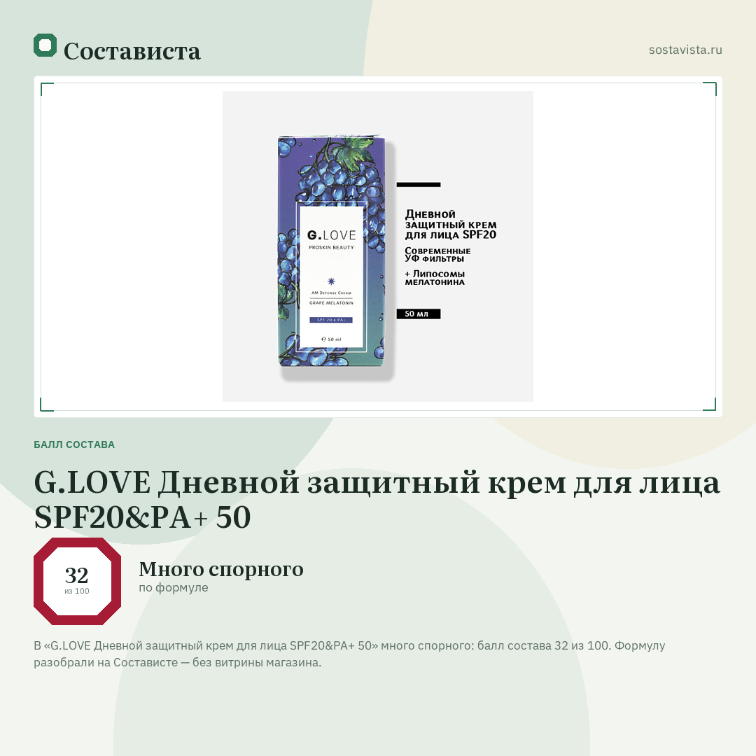 G.LOVE Дневной защитный крем для лица SPF20&PA+ 50: балл состава 32 из 100 — Состависта