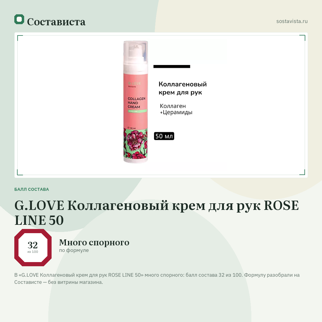 G.LOVE Коллагеновый крем для рук ROSE LINE 50: балл состава 32 из 100 — Состависта