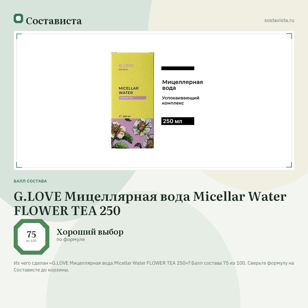 G.LOVE Мицеллярная вода Micellar Water FLOWER TEA 250: балл состава 75 из 100 — Состависта