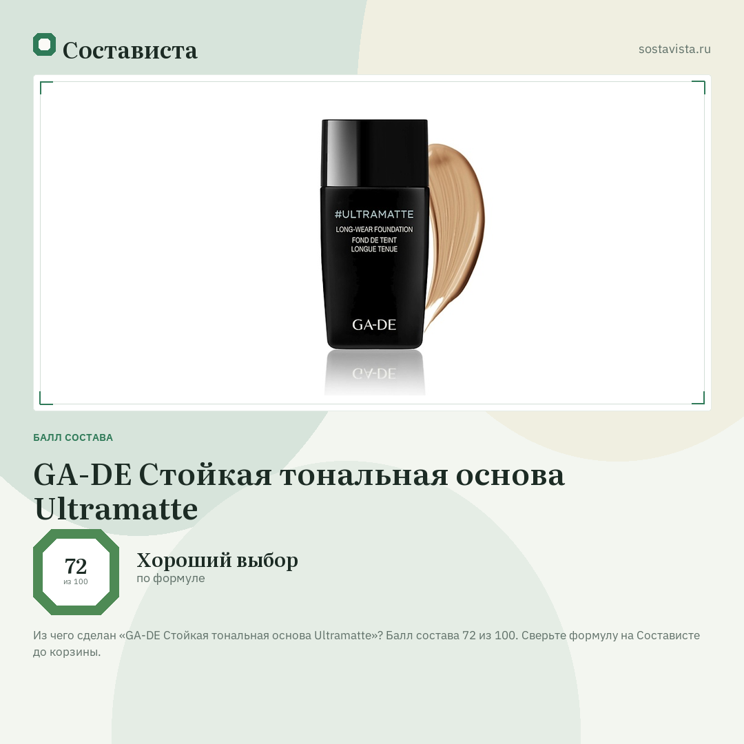 GA-DE Стойкая тональная основа Ultramatte: балл состава 72 из 100 — Состависта