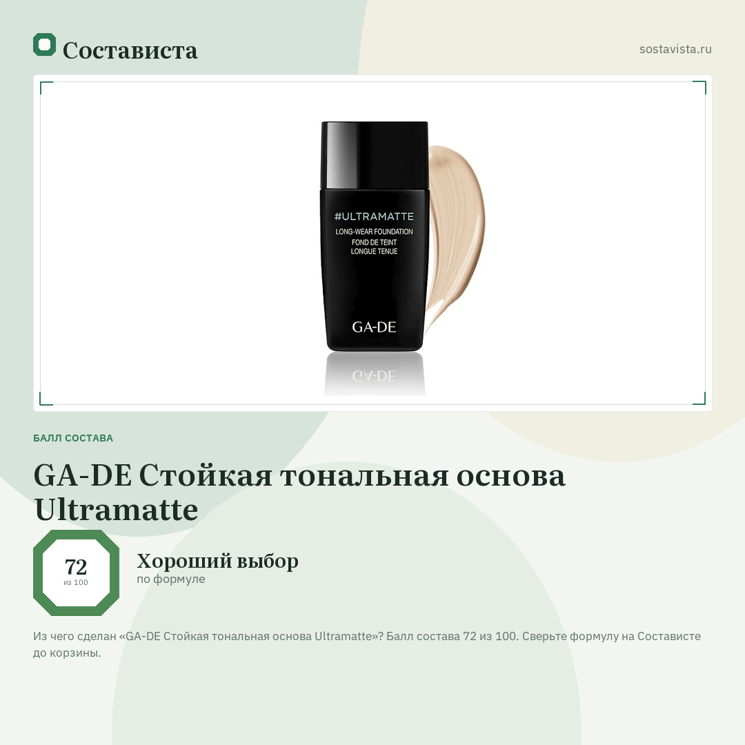 GA-DE Стойкая тональная основа Ultramatte: балл состава 72 из 100 — Состависта
