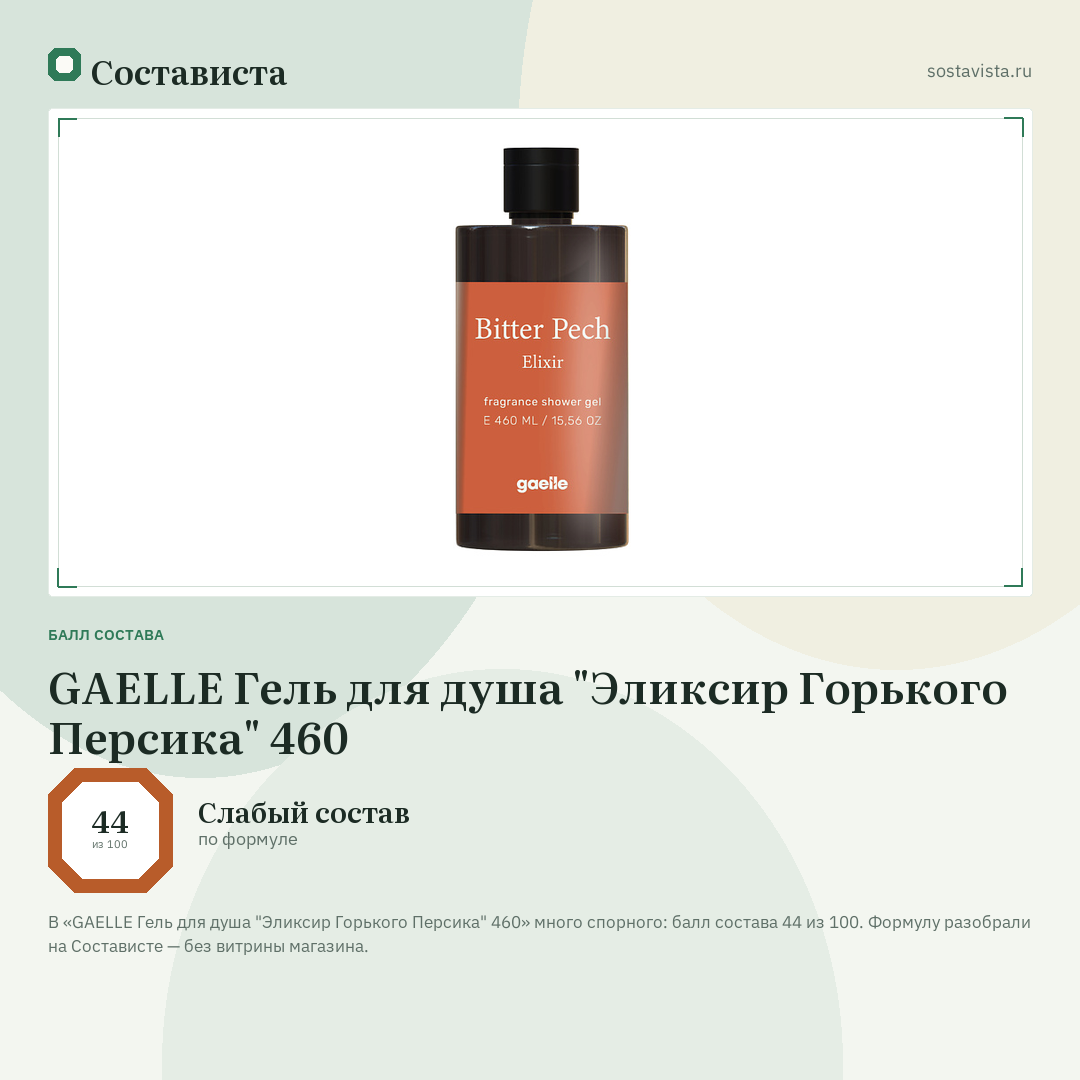 GAELLE Гель для душа "Эликсир Горького Персика" 460: балл состава 44 из 100 — Состависта