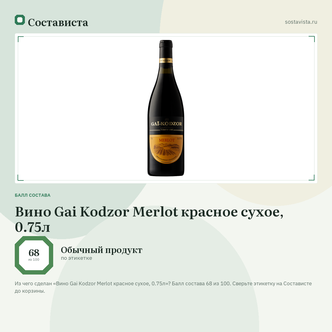 Вино Gai Kodzor Merlot красное сухое, 0.75л: балл состава 68 из 100 — Состависта
