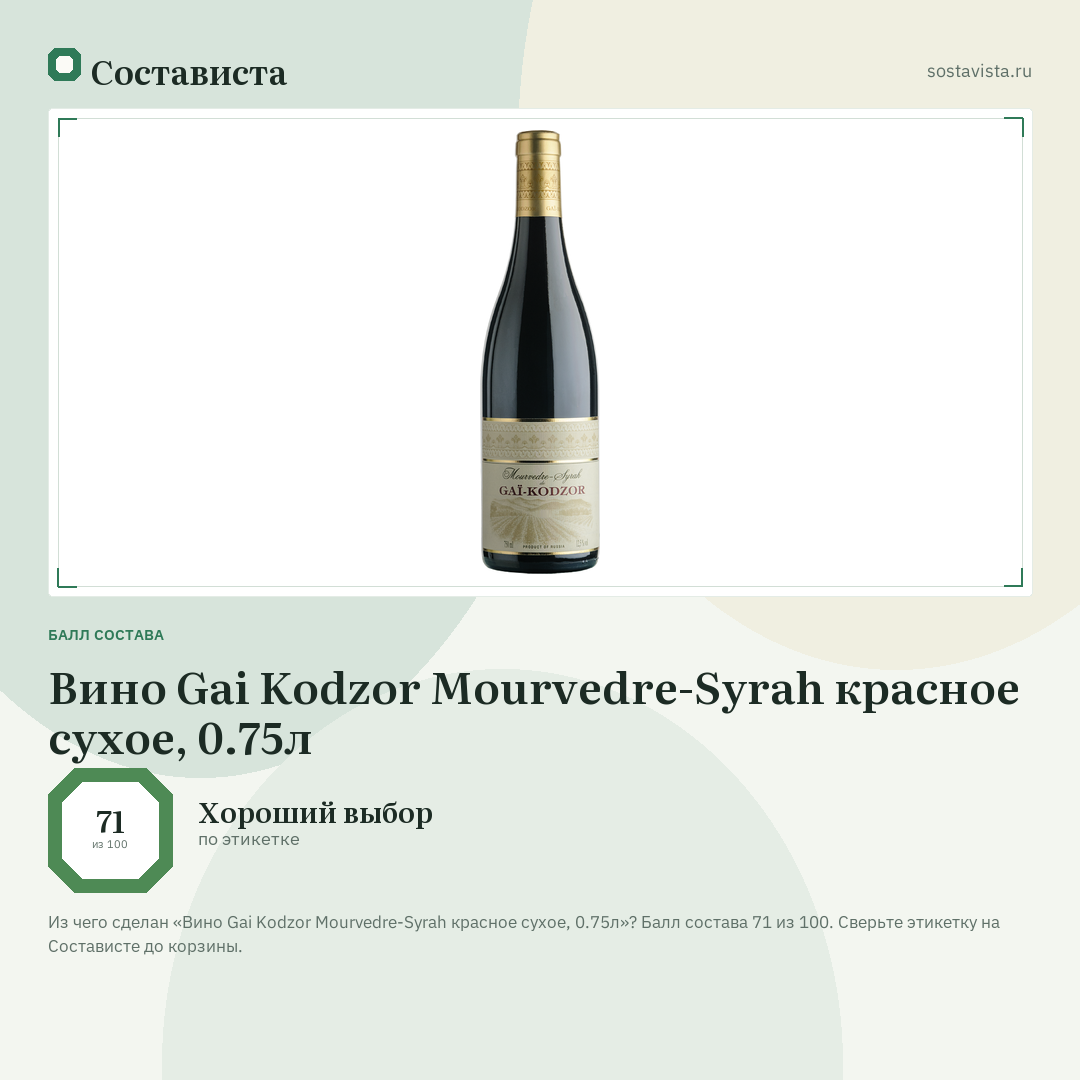 Вино Gai Kodzor Mourvedre-Syrah красное сухое, 0.75л: балл состава 71 из 100 — Состависта