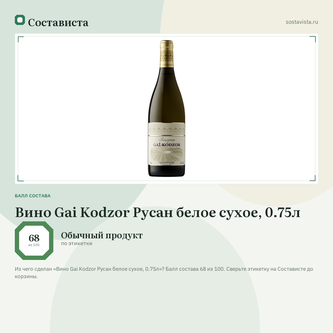 Вино Gai Kodzor Русан белое сухое, 0.75л: балл состава 68 из 100 — Состависта