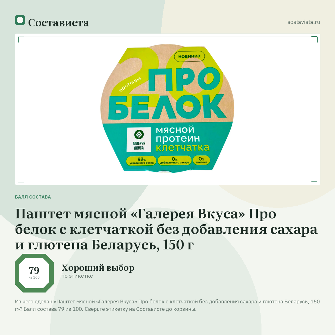 Паштет мясной «Галерея Вкуса» Про белок с клетчаткой без добавления сахара и глютена Беларусь, 150 г: балл состава 79 из 100 — Состависта