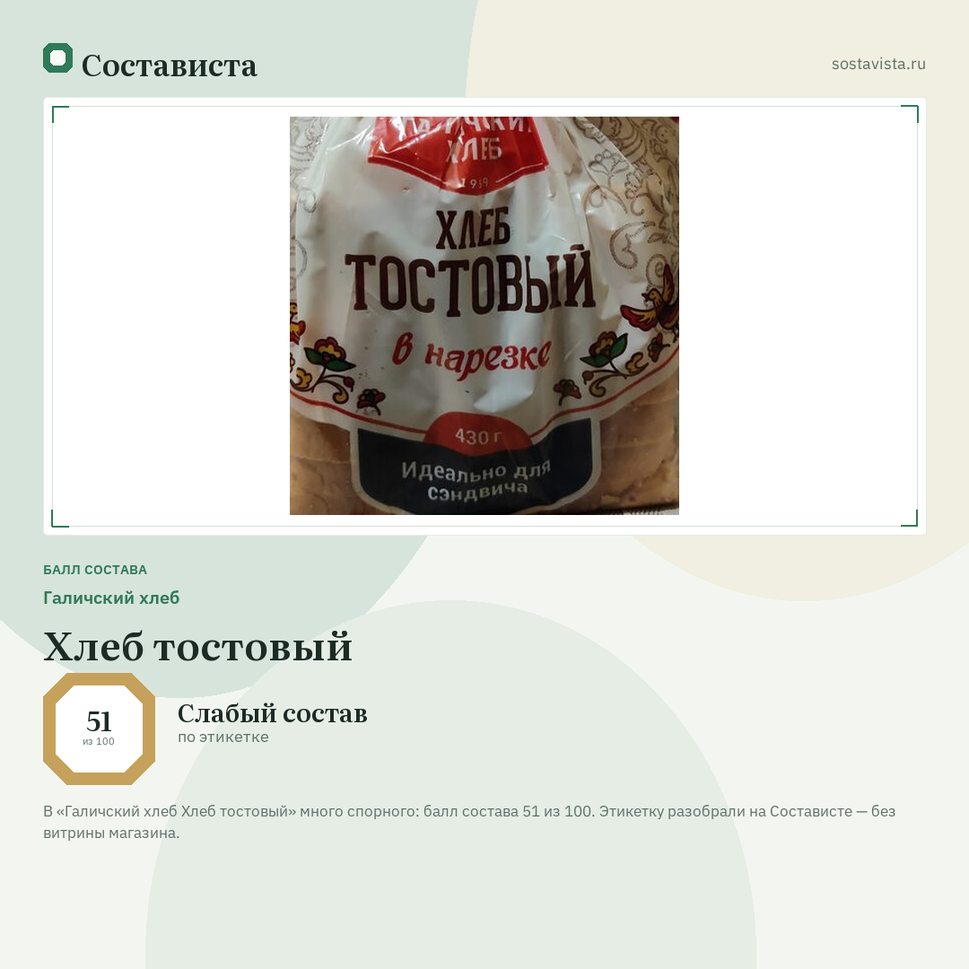 Галичский хлеб Хлеб тостовый: балл состава 51 из 100 — Состависта