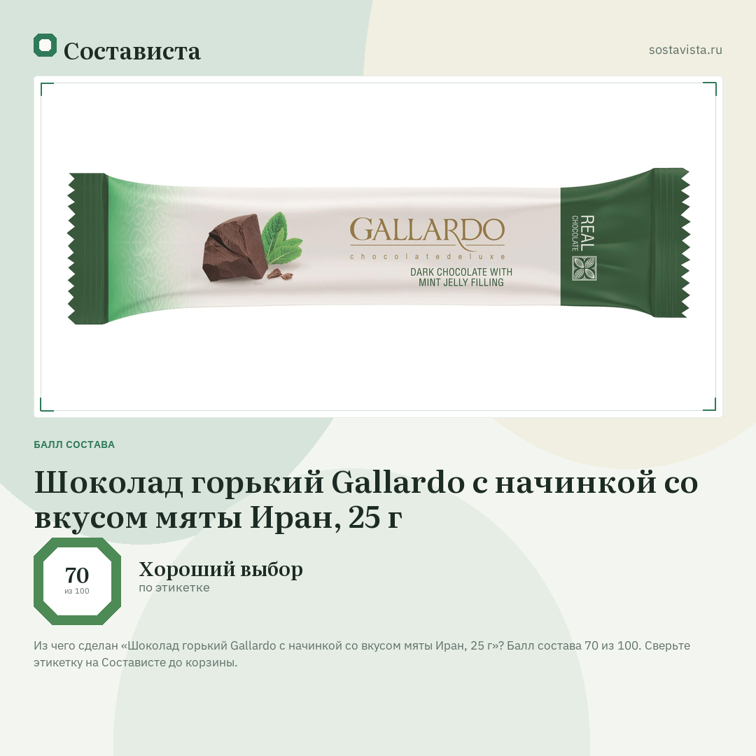 Шоколад горький Gallardo с начинкой со вкусом мяты Иран, 25 г: балл состава 70 из 100 — Состависта