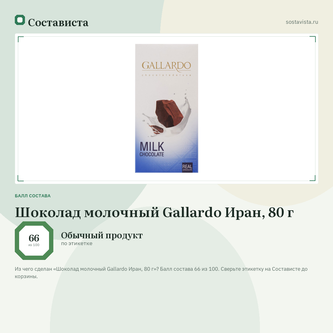 Шоколад молочный Gallardo Иран, 80 г: балл состава 66 из 100 — Состависта