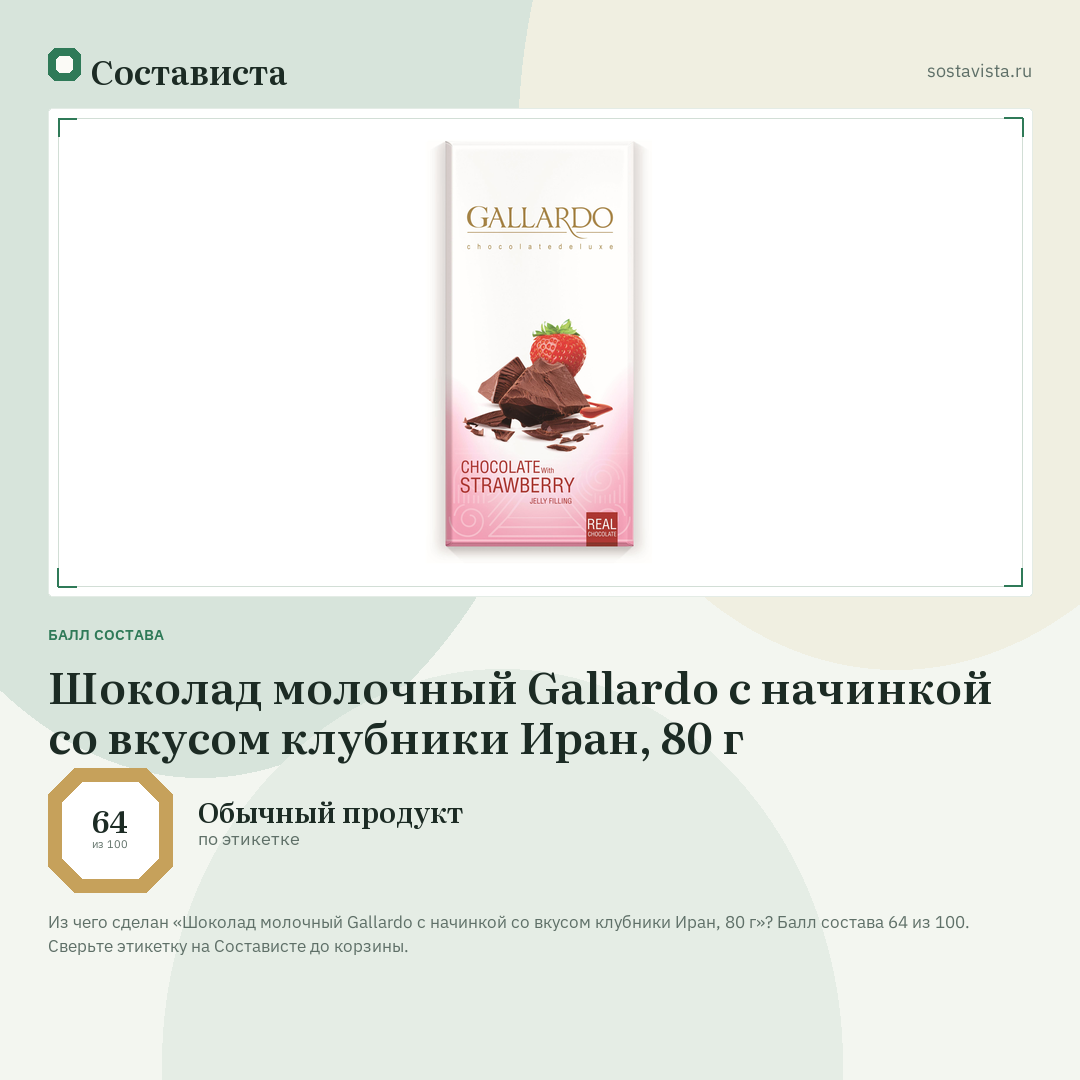 Шоколад молочный Gallardo с начинкой со вкусом клубники Иран, 80 г: балл состава 64 из 100 — Состависта