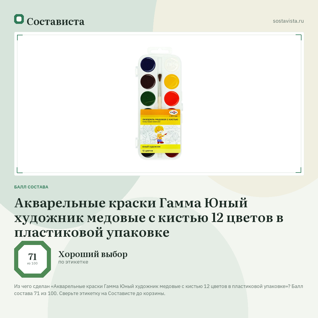 Акварельные краски Гамма Юный художник медовые с кистью 12 цветов в пластиковой упаковке: балл состава 71 из 100 — Состависта