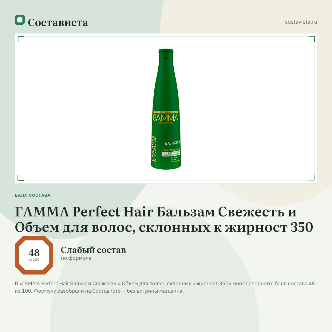ГАММА Perfect Hair Бальзам Свежесть и Объем для волос, склонных к жирност 350: балл состава 48 из 100 — Состависта