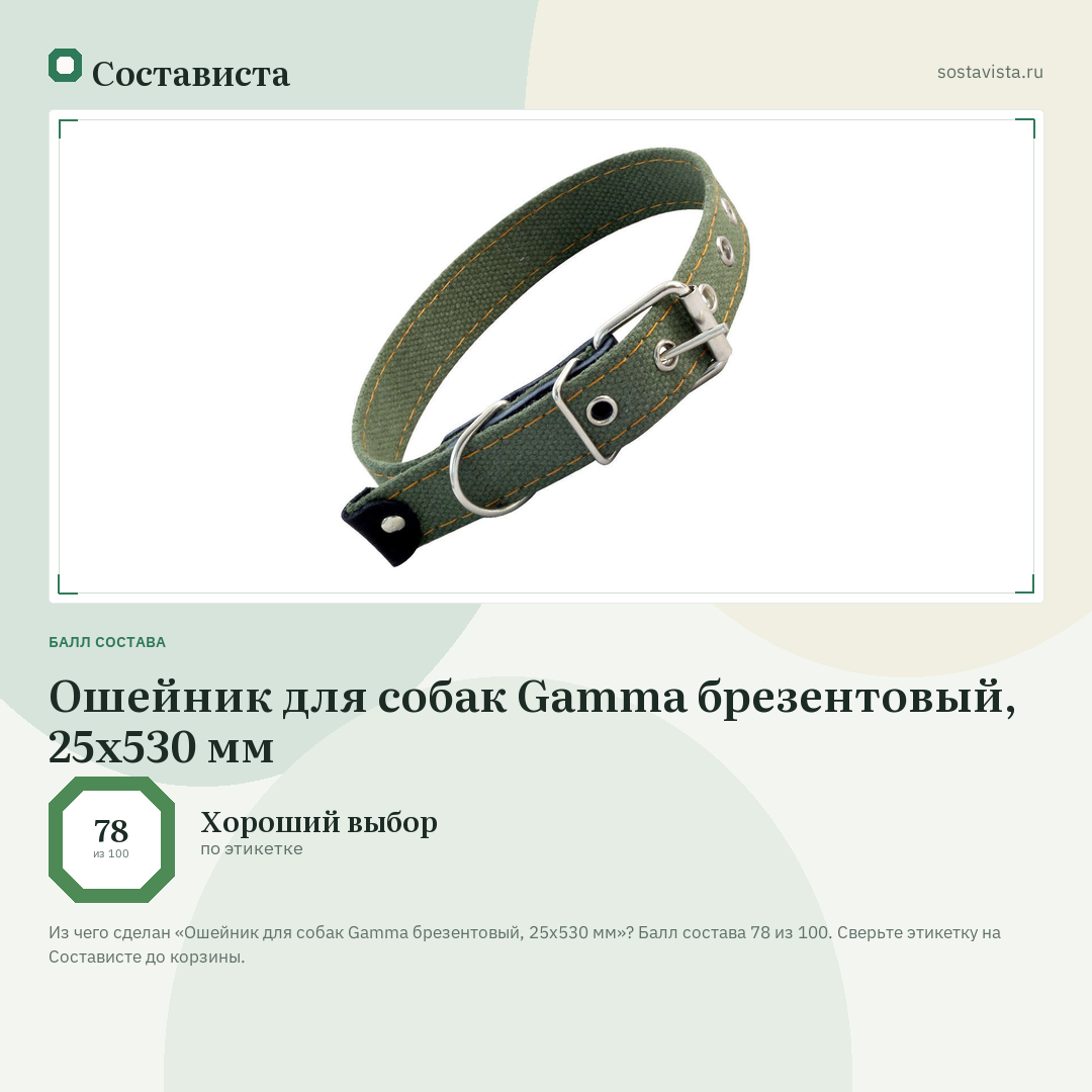 Ошейник для собак Gamma брезентовый, 25х530 мм: балл состава 78 из 100 — Состависта
