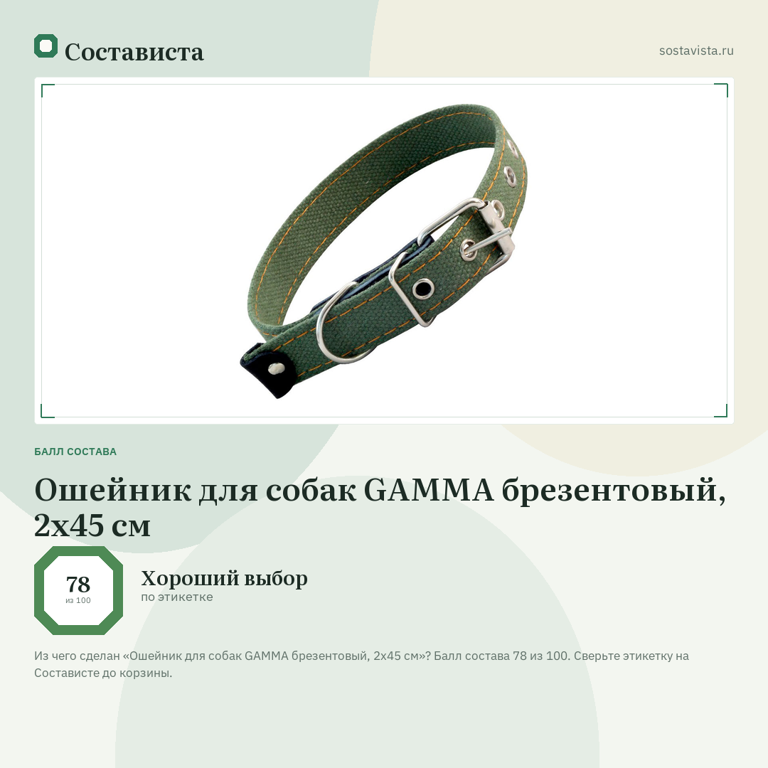 Ошейник для собак GAMMA брезентовый, 2х45 см: балл состава 78 из 100 — Состависта