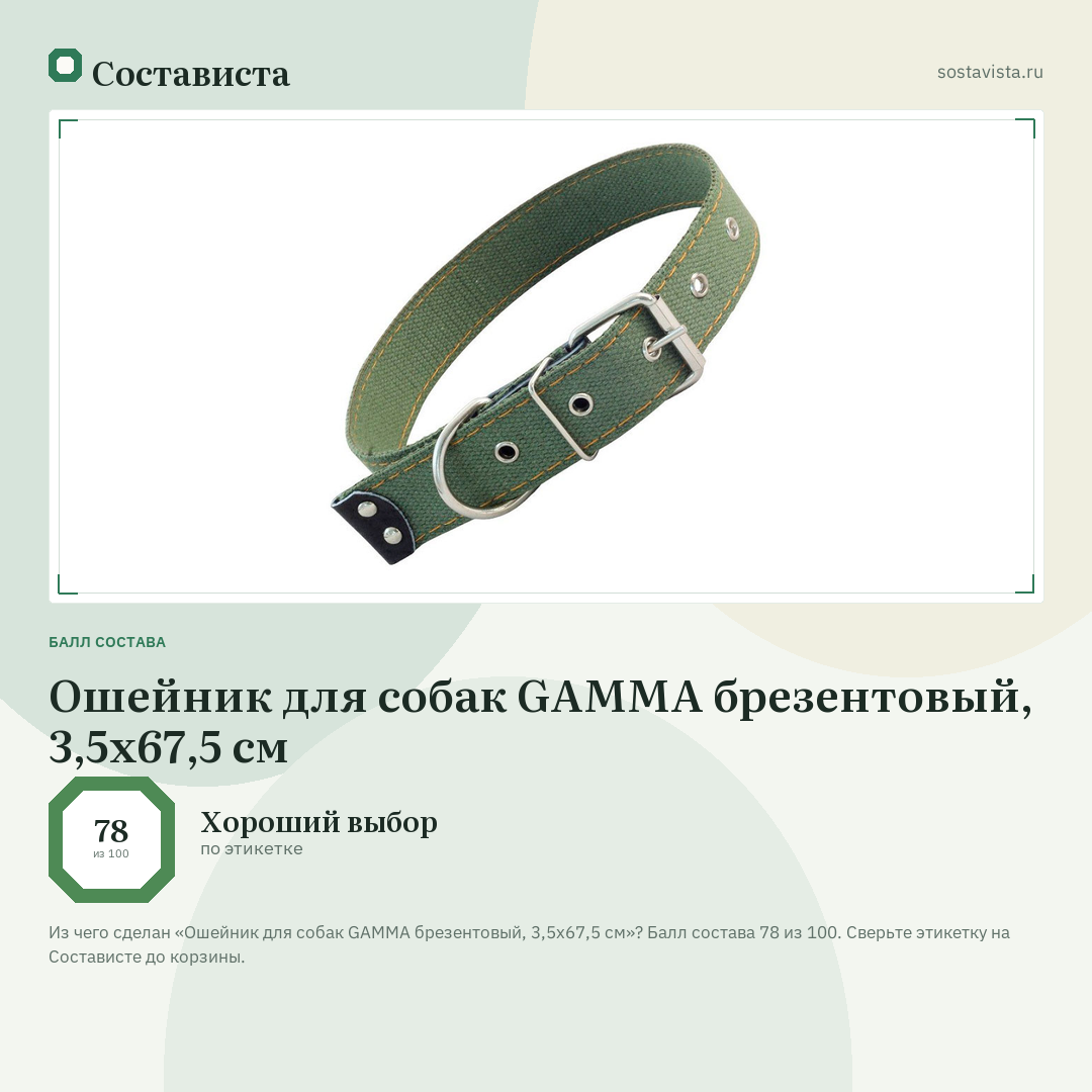 Ошейник для собак GAMMA брезентовый, 3,5х67,5 см: балл состава 78 из 100 — Состависта