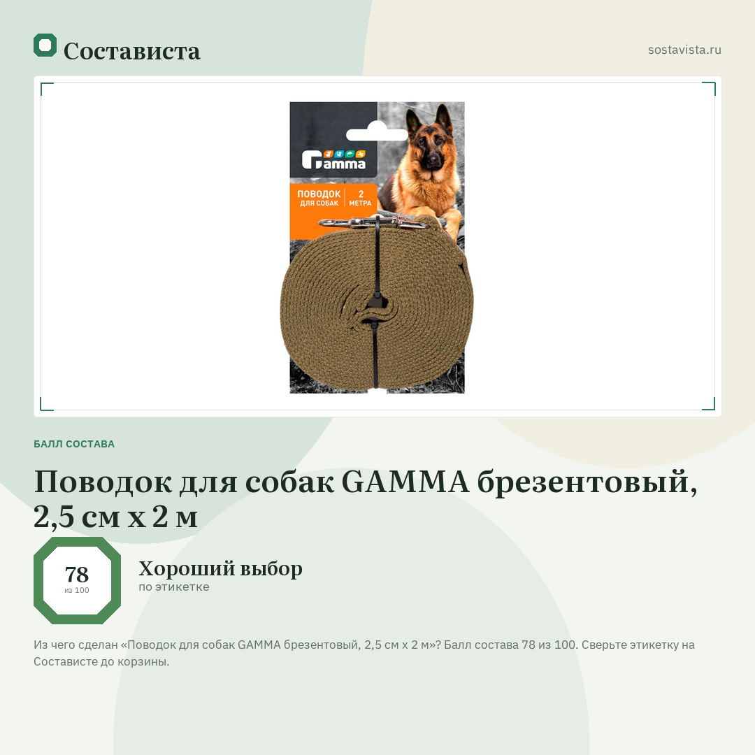 Поводок для собак GAMMA брезентовый, 2,5 см х 2 м: балл состава 78 из 100 — Состависта