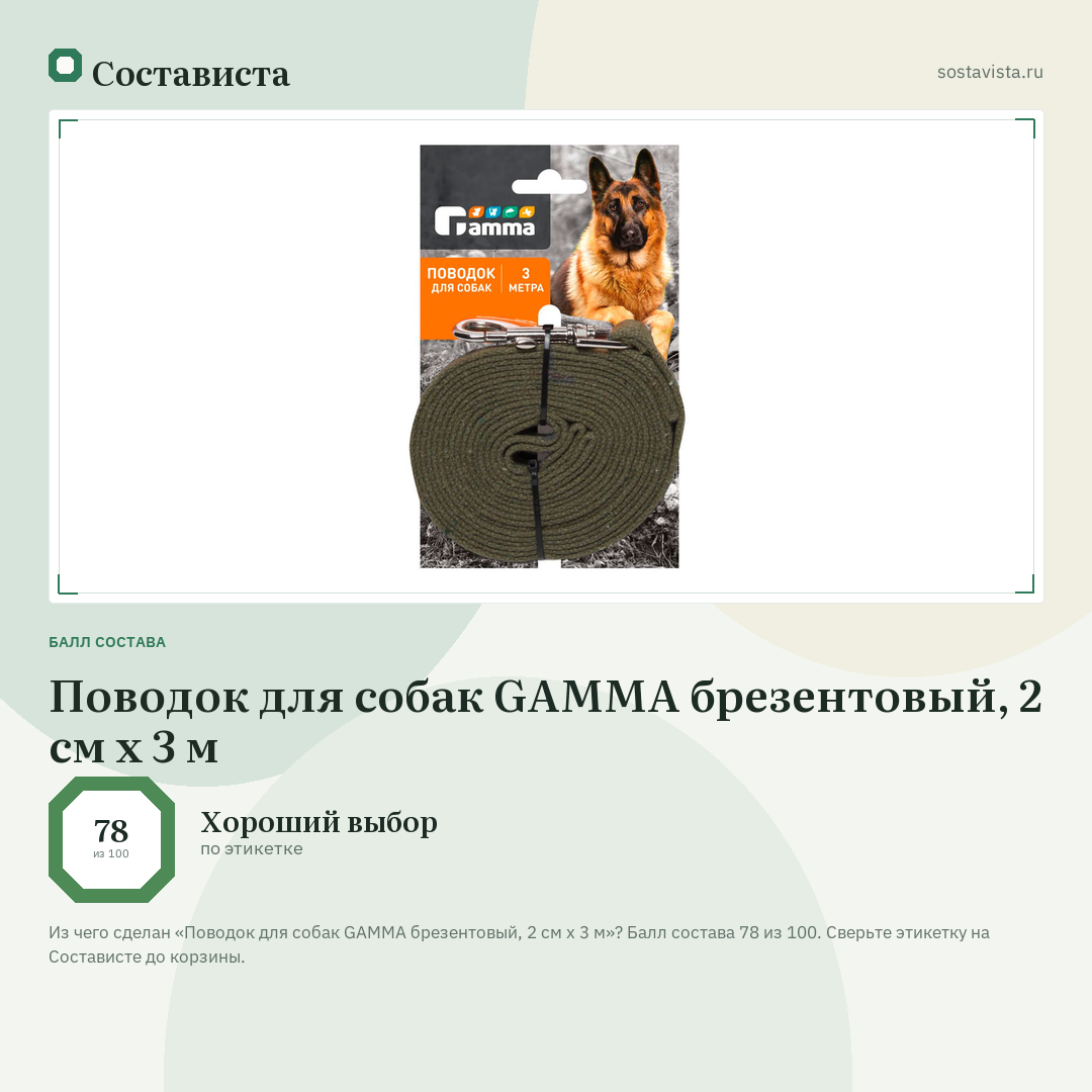 Поводок для собак GAMMA брезентовый, 2 см х 3 м: балл состава 78 из 100 — Состависта