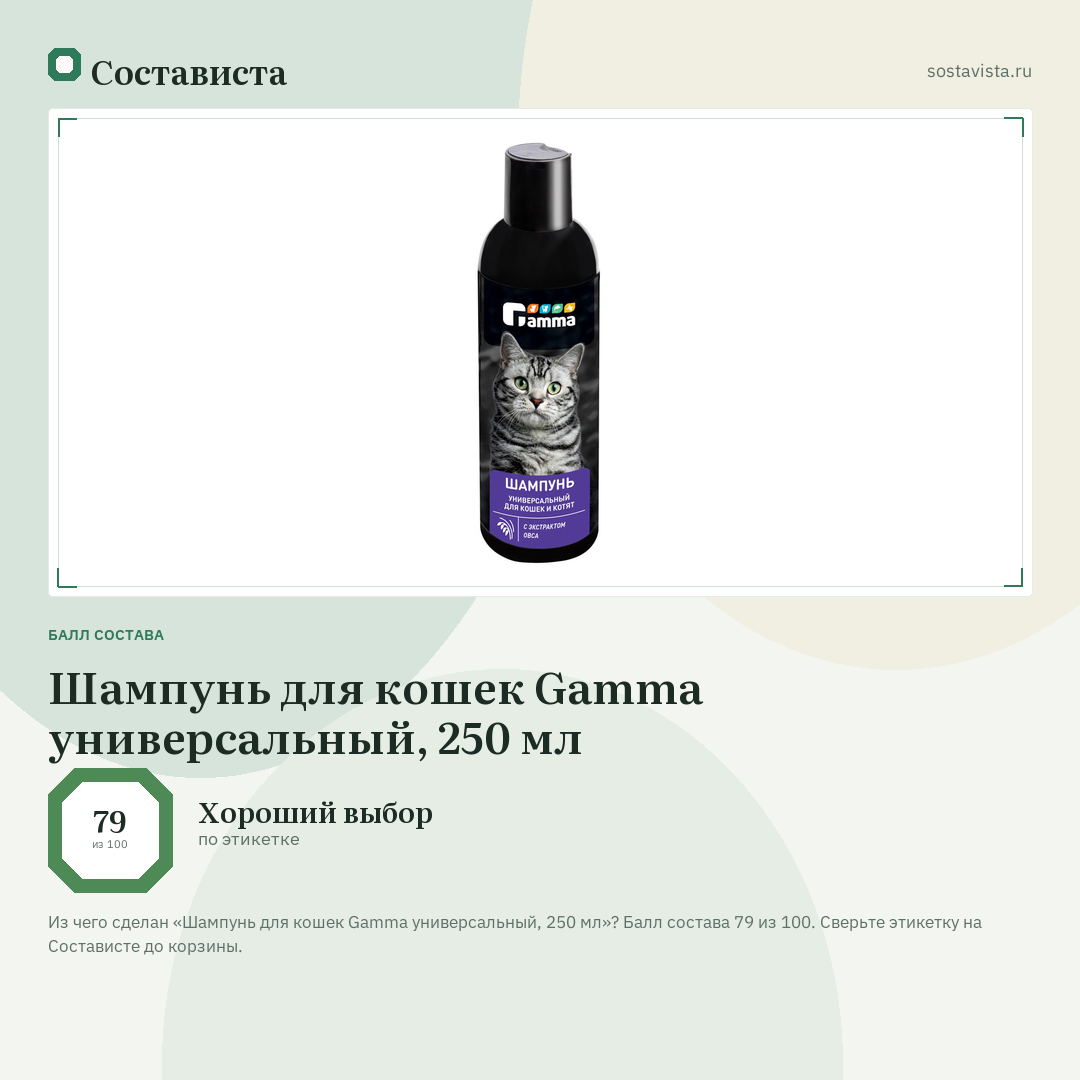 Шампунь для кошек Gamma универсальный, 250 мл: балл состава 79 из 100 — Состависта