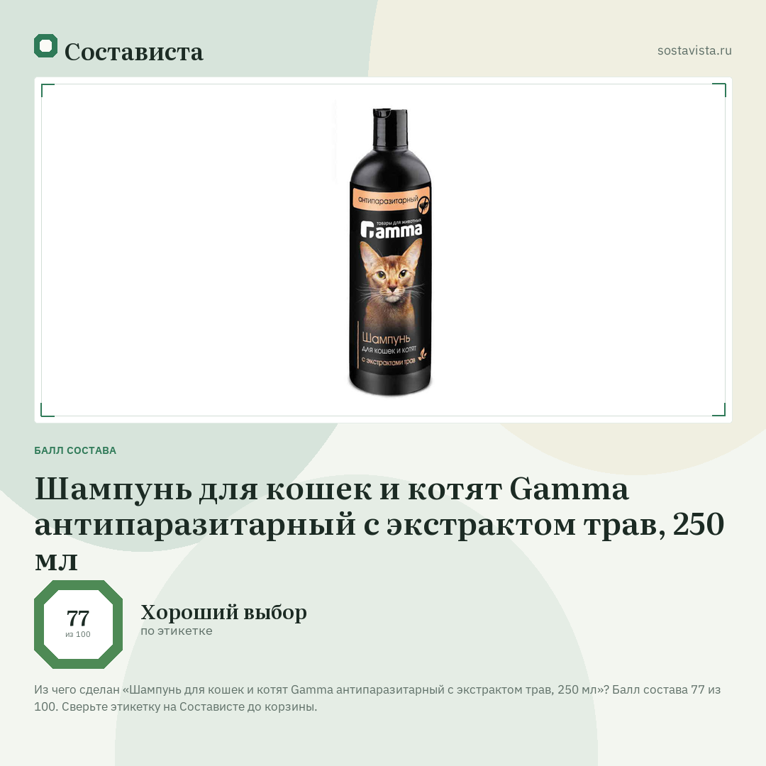 Шампунь для кошек и котят Gamma антипаразитарный с экстрактом трав, 250 мл: балл состава 77 из 100 — Состависта