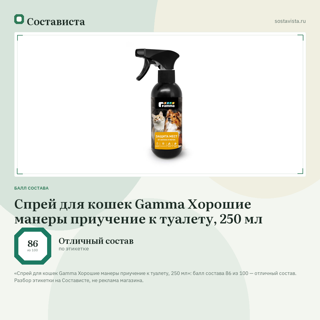 Спрей для кошек Gamma Хорошие манеры приучение к туалету, 250 мл: балл состава 86 из 100 — Состависта