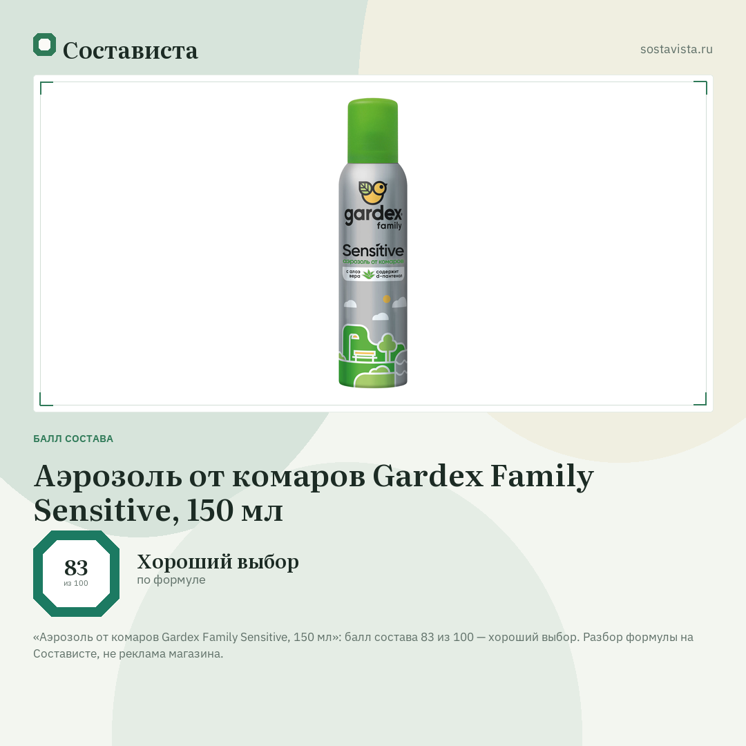 Аэрозоль от комаров Gardex Family Sensitive, 150 мл: балл состава 83 из 100 — Состависта