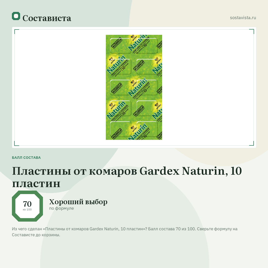 Пластины от комаров Gardex Naturin, 10 пластин: балл состава 70 из 100 — Состависта