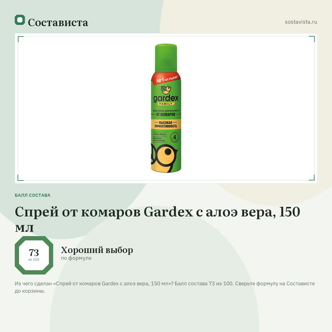 Спрей от комаров Gardex с алоэ вера, 150 мл: балл состава 73 из 100 — Состависта