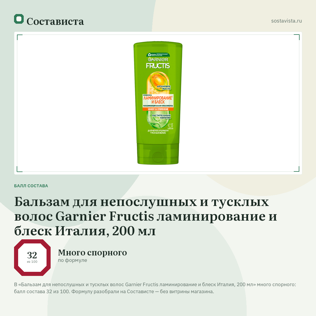 Бальзам для непослушных и тусклых волос Garnier Fructis ламинирование и блеск Италия, 200 мл: балл состава 32 из 100 — Состависта