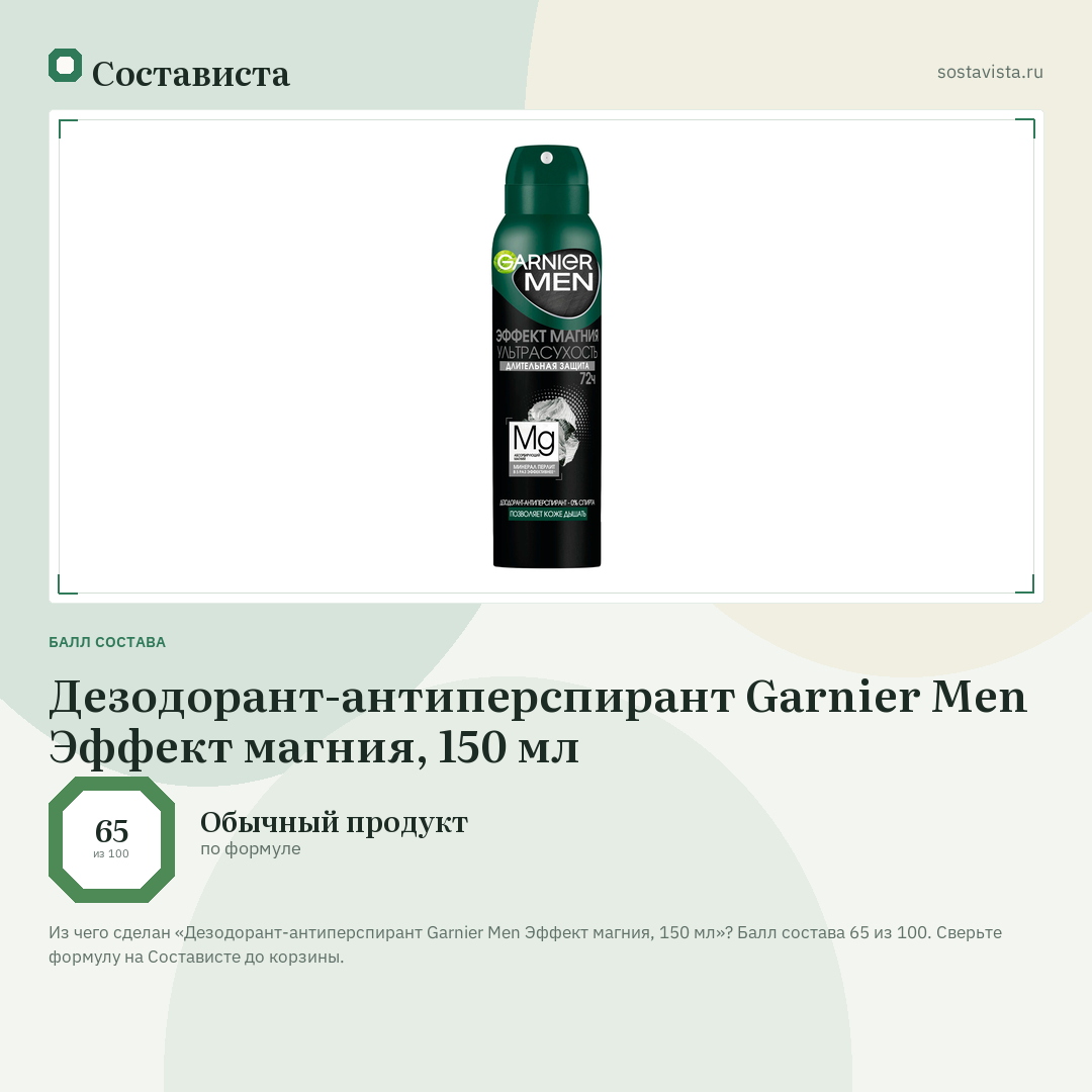 Дезодорант-антиперспирант Garnier Men Эффект магния, 150 мл: балл состава 65 из 100 — Состависта