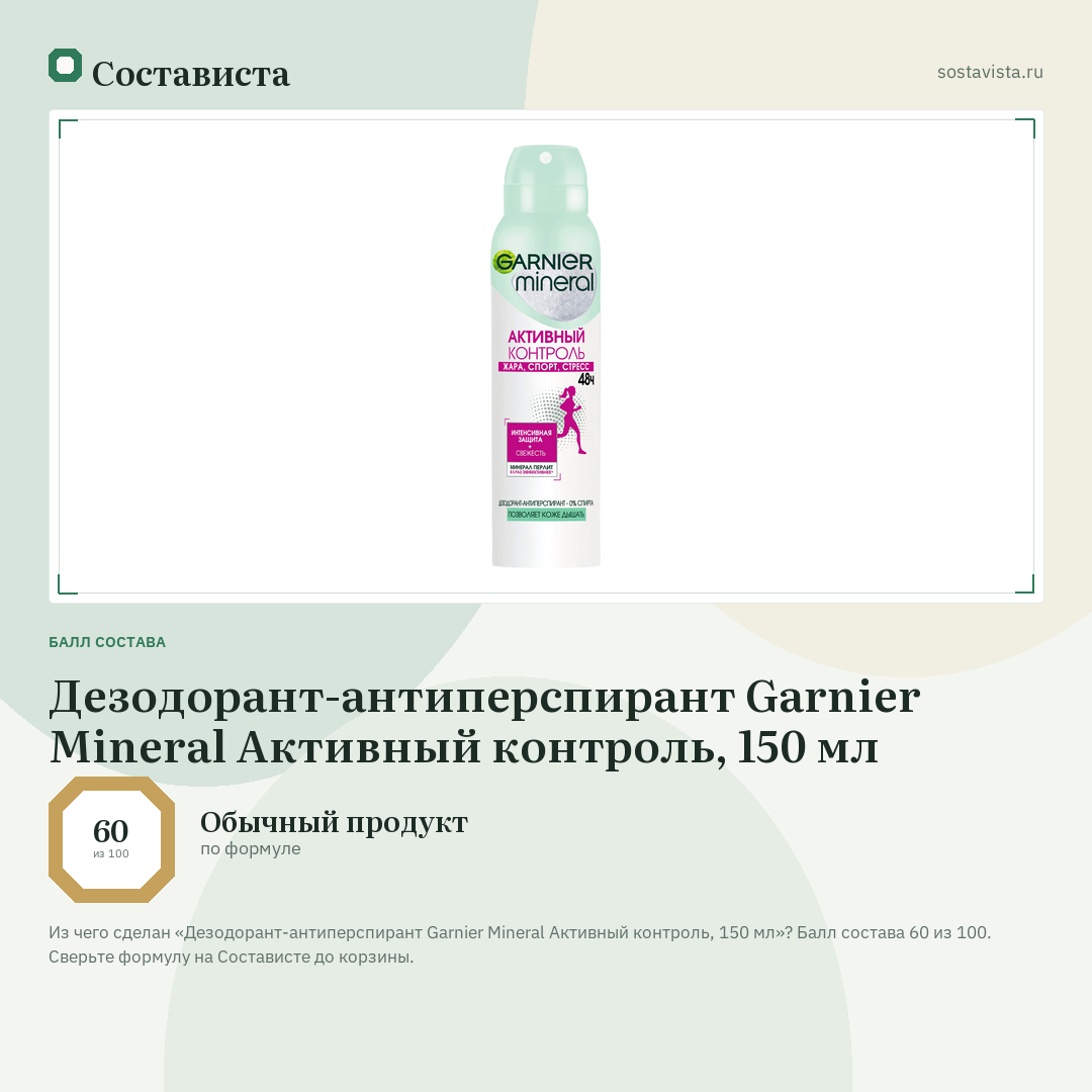 Дезодорант-антиперспирант Garnier Mineral Активный контроль, 150 мл: балл состава 60 из 100 — Состависта