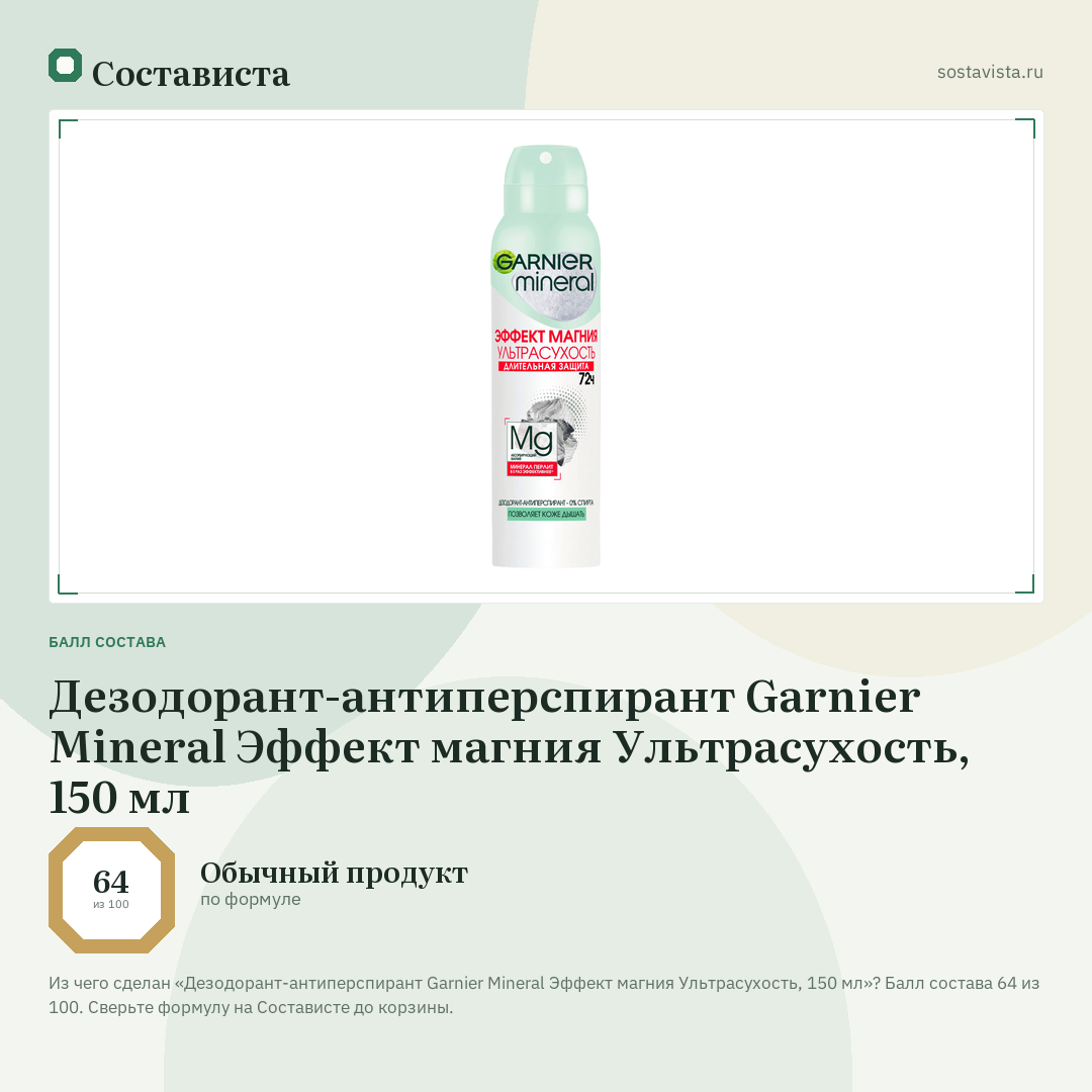 Дезодорант-антиперспирант Garnier Mineral Эффект магния Ультрасухость, 150 мл: балл состава 64 из 100 — Состависта