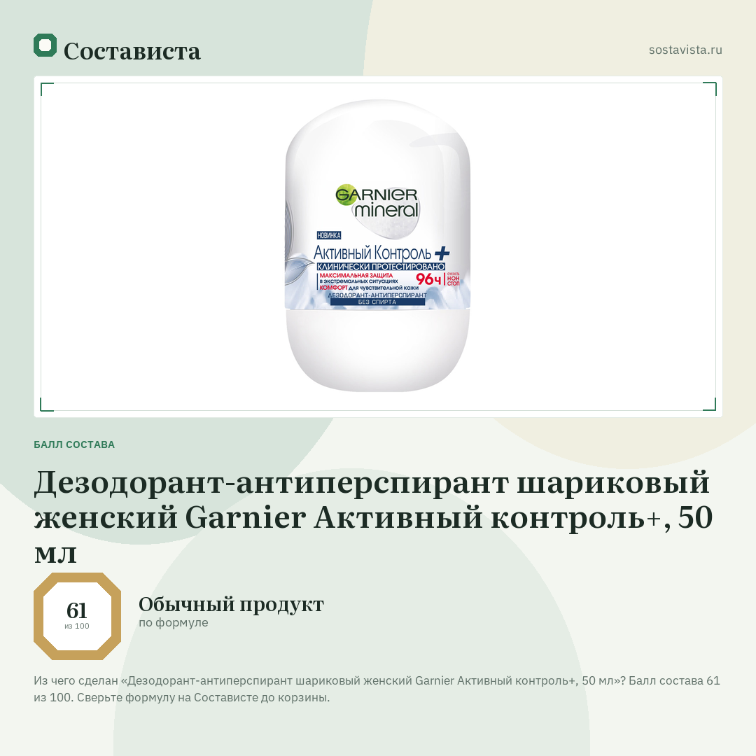 Дезодорант-антиперспирант шариковый женский Garnier Активный контроль+, 50 мл: балл состава 61 из 100 — Состависта