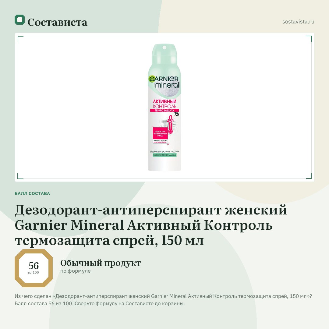 Дезодорант-антиперспирант женский Garnier Mineral Активный Контроль термозащита спрей, 150 мл: балл состава 56 из 100 — Состависта