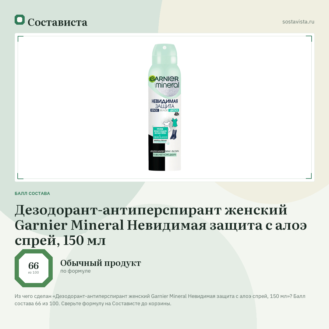 Дезодорант-антиперспирант женский Garnier Mineral Невидимая защита с алоэ спрей, 150 мл: балл состава 66 из 100 — Состависта