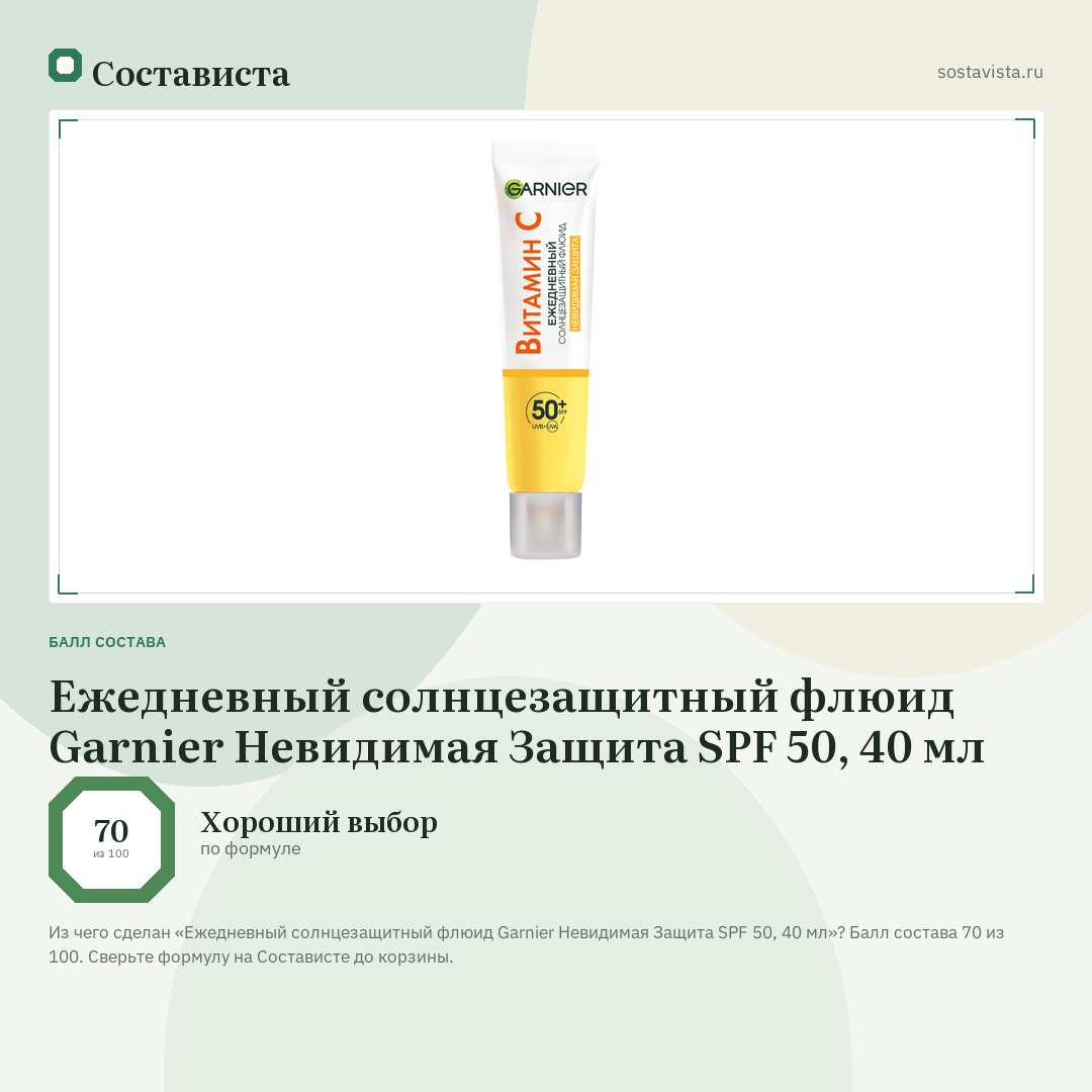 Ежедневный солнцезащитный флюид Garnier Невидимая Защита SPF 50, 40 мл: балл состава 70 из 100 — Состависта