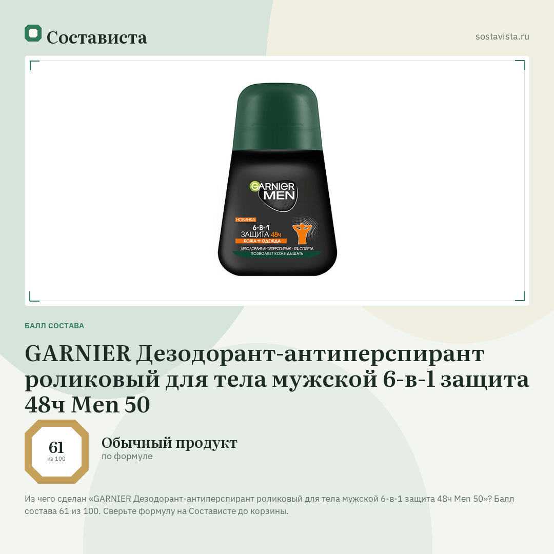 GARNIER Дезодорант-антиперспирант роликовый для тела мужской 6-в-1 защита 48ч Men 50: балл состава 61 из 100 — Состависта