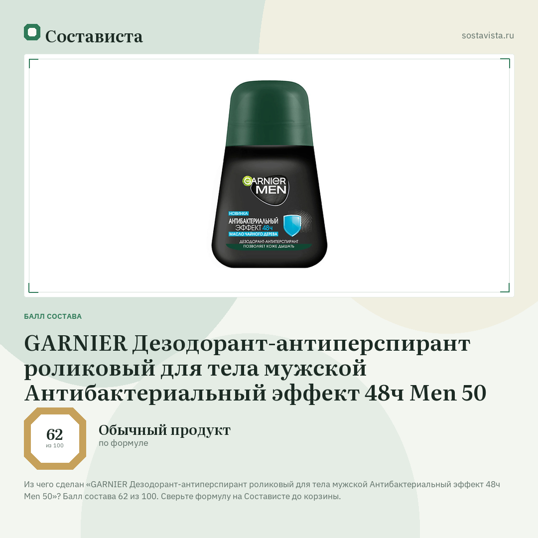 GARNIER Дезодорант-антиперспирант роликовый для тела мужской Антибактериальный эффект 48ч Men 50: балл состава 62 из 100 — Состависта