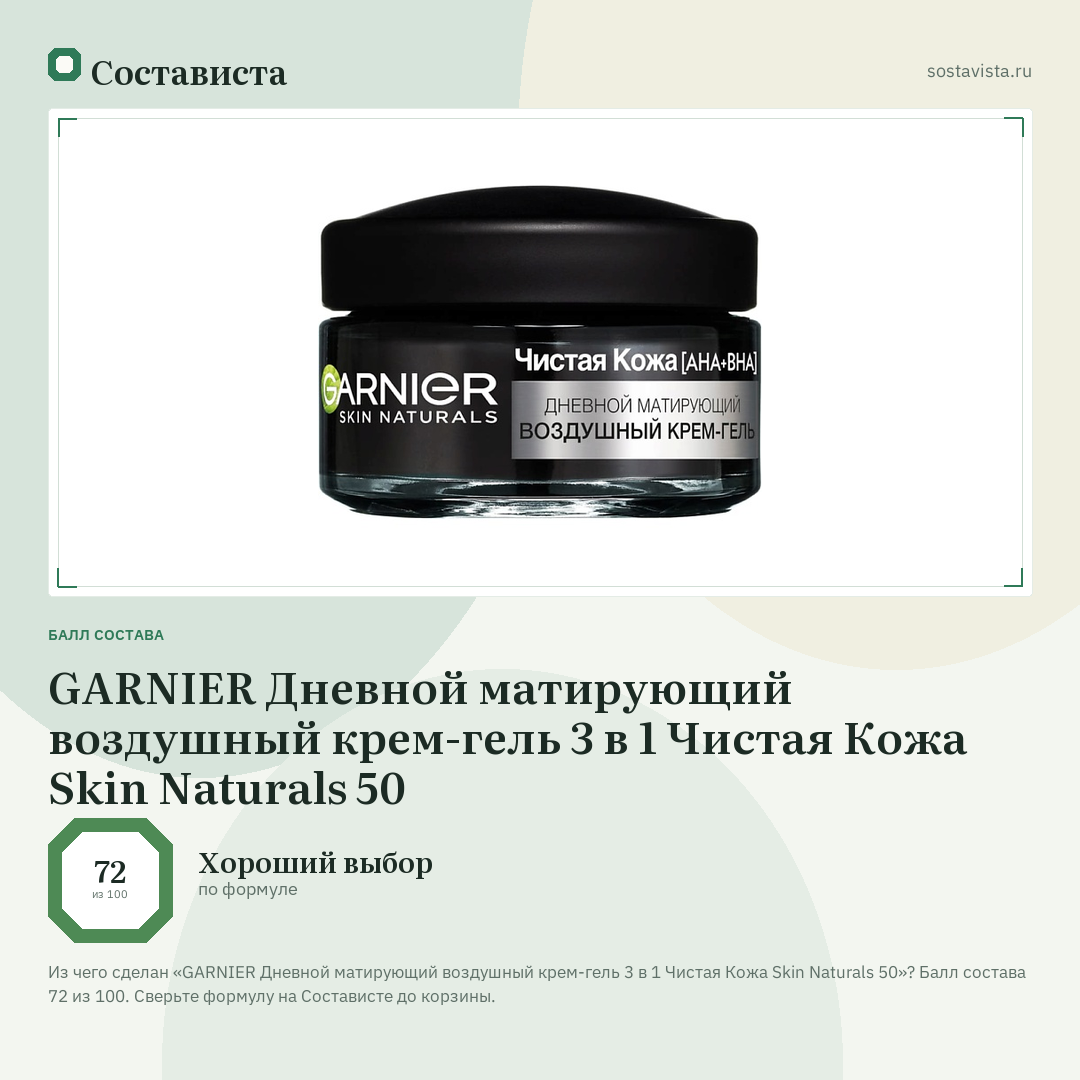 GARNIER Дневной матирующий воздушный крем-гель 3 в 1 Чистая Кожа Skin Naturals 50: балл состава 72 из 100 — Состависта