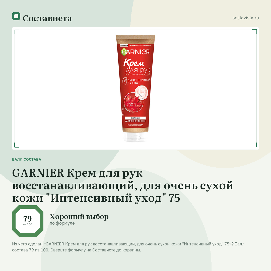 GARNIER Крем для рук восстанавливающий, для очень сухой кожи "Интенсивный уход" 75: балл состава 79 из 100 — Состависта
