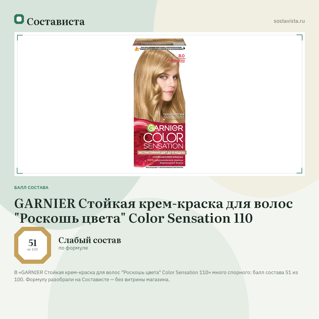 GARNIER Стойкая крем-краска для волос "Роскошь цвета" Color Sensation 110: балл состава 51 из 100 — Состависта