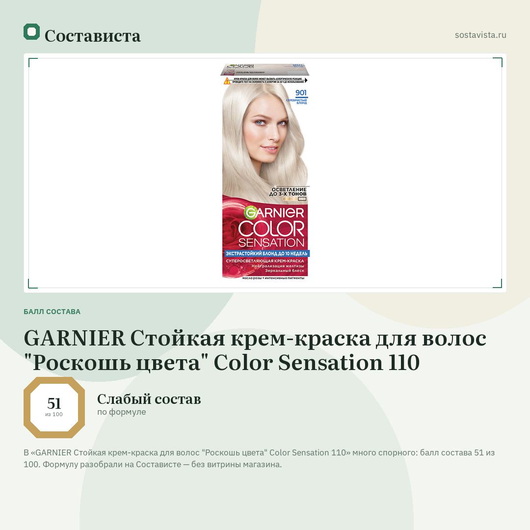 GARNIER Стойкая крем-краска для волос "Роскошь цвета" Color Sensation 110: балл состава 51 из 100 — Состависта