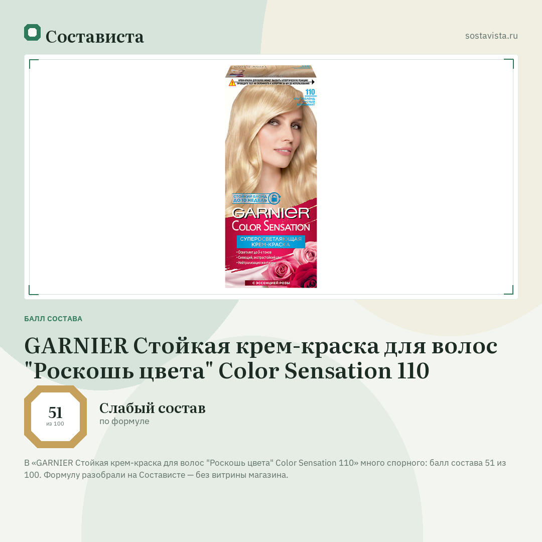 GARNIER Стойкая крем-краска для волос "Роскошь цвета" Color Sensation 110: балл состава 51 из 100 — Состависта