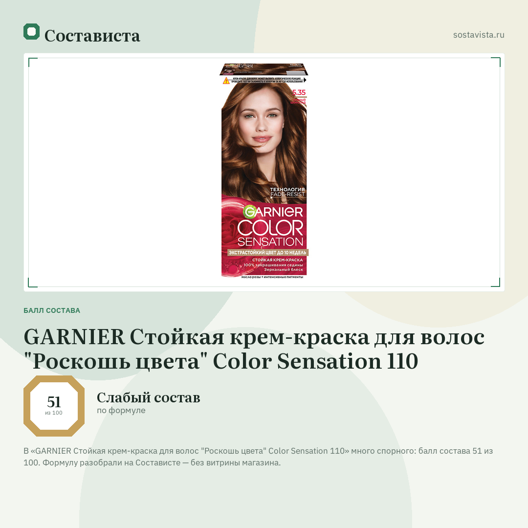 GARNIER Стойкая крем-краска для волос "Роскошь цвета" Color Sensation 110: балл состава 51 из 100 — Состависта