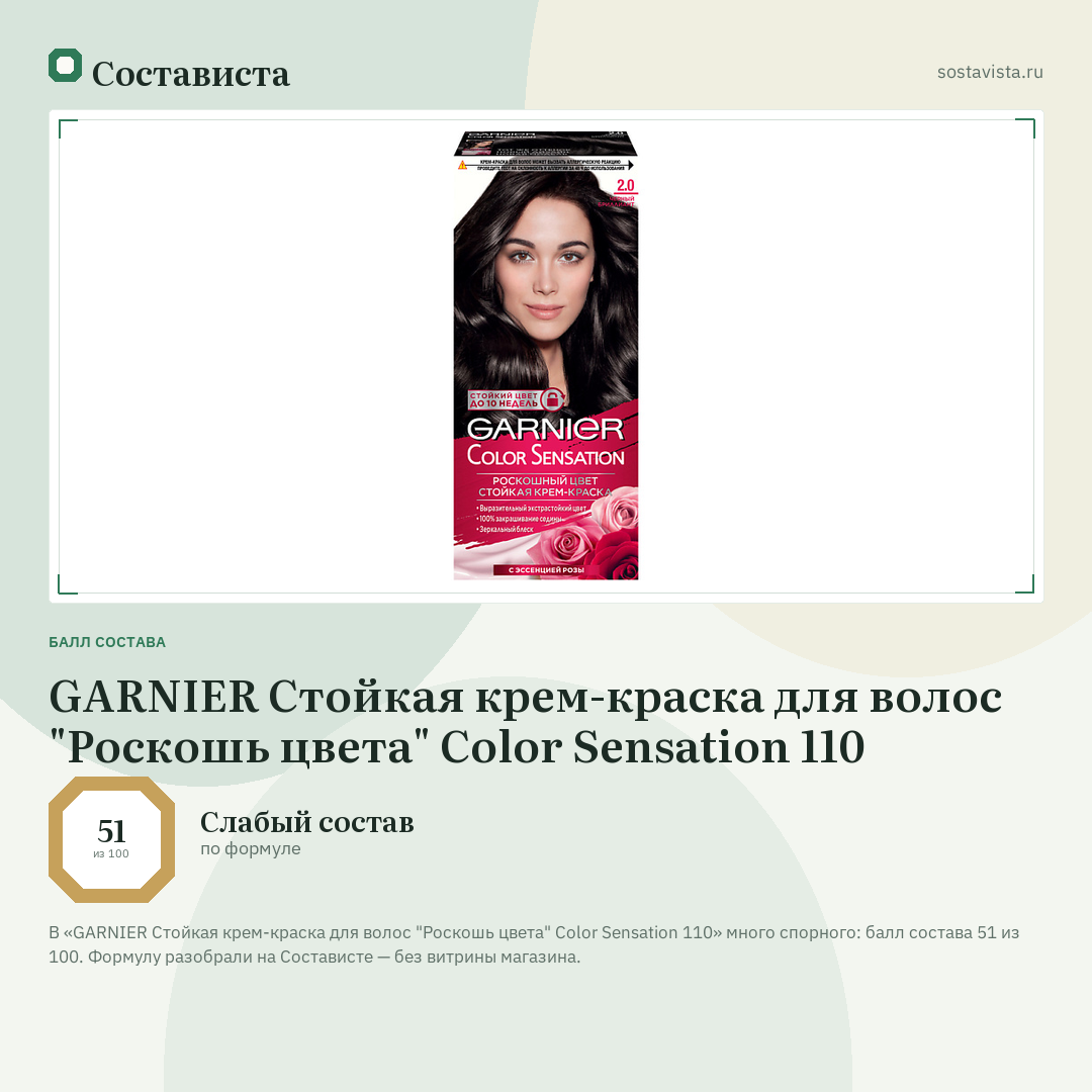 GARNIER Стойкая крем-краска для волос "Роскошь цвета" Color Sensation 110: балл состава 51 из 100 — Состависта