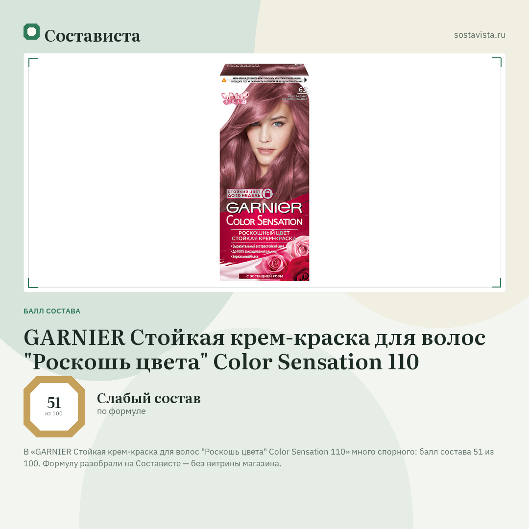 GARNIER Стойкая крем-краска для волос "Роскошь цвета" Color Sensation 110: балл состава 51 из 100 — Состависта