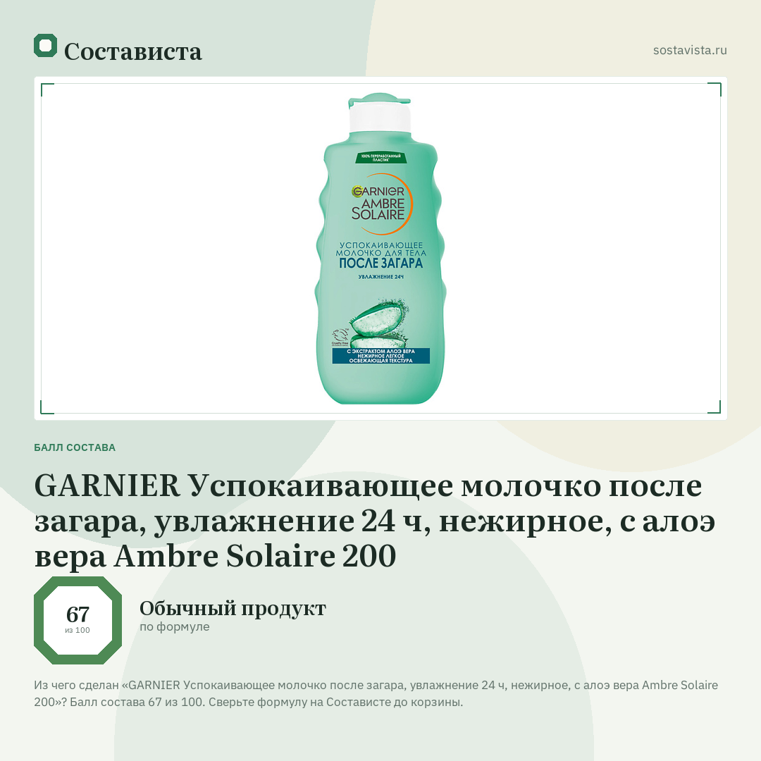 GARNIER Успокаивающее молочко после загара, увлажнение 24 ч, нежирное, с алоэ вера Ambre Solaire 200: балл состава 67 из 100 — Состависта
