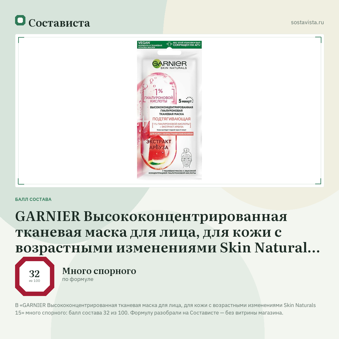 GARNIER Высококонцентрированная тканевая маска для лица, для кожи с возрастными изменениями Skin Naturals 15: балл состава 32 из 100 — Состависта