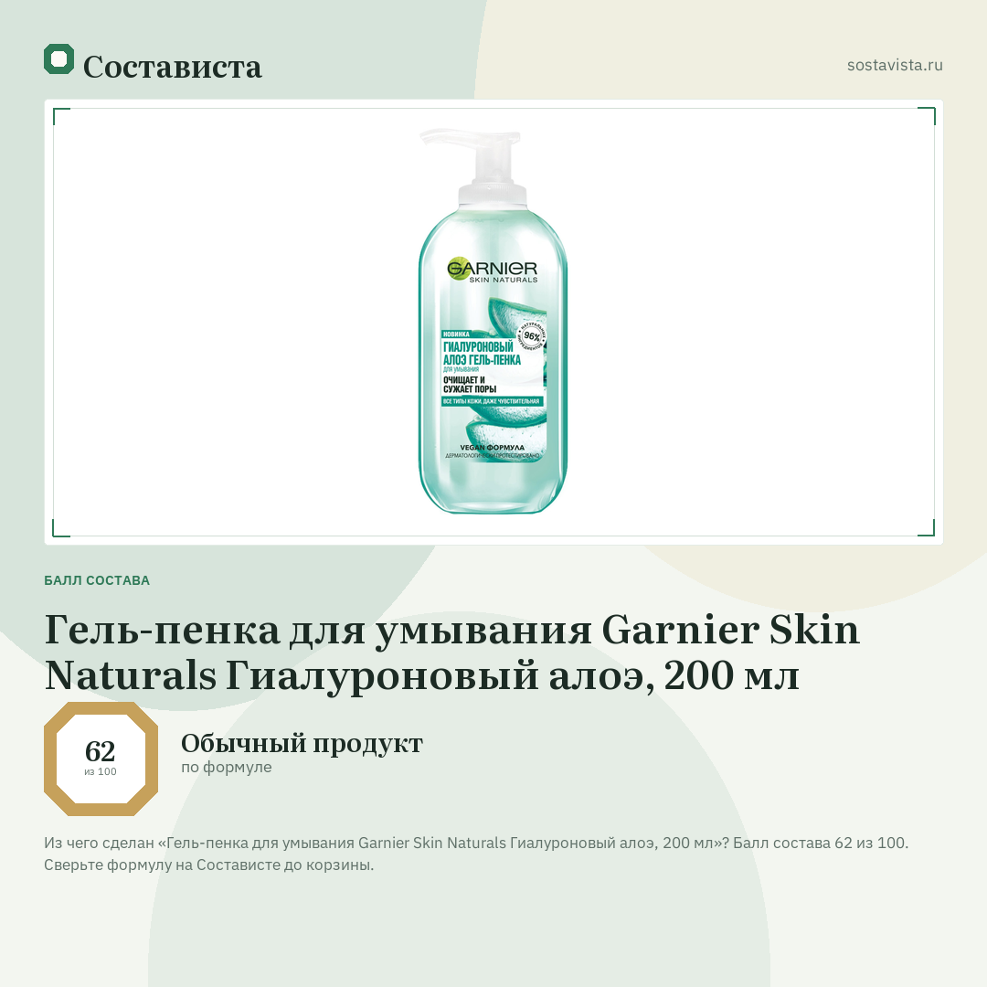 Гель-пенка для умывания Garnier Skin Naturals Гиалуроновый алоэ, 200 мл: балл состава 62 из 100 — Состависта