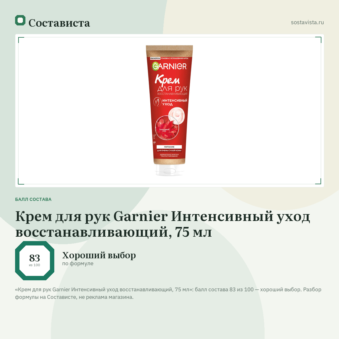 Крем для рук Garnier Интенсивный уход восстанавливающий, 75 мл: балл состава 83 из 100 — Состависта